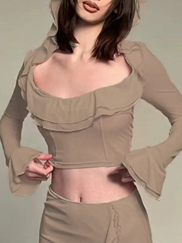 maoxiangshop Ruffles Plain Long Sleeve  Hoodie