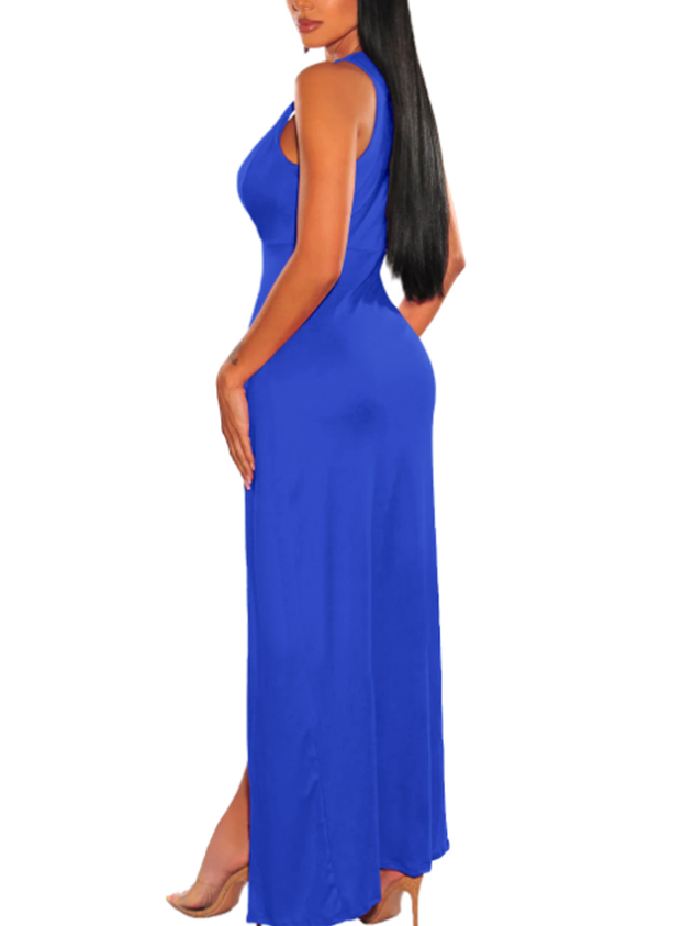 Side Slit V Neck Plain Sleeveless Maxi Dress