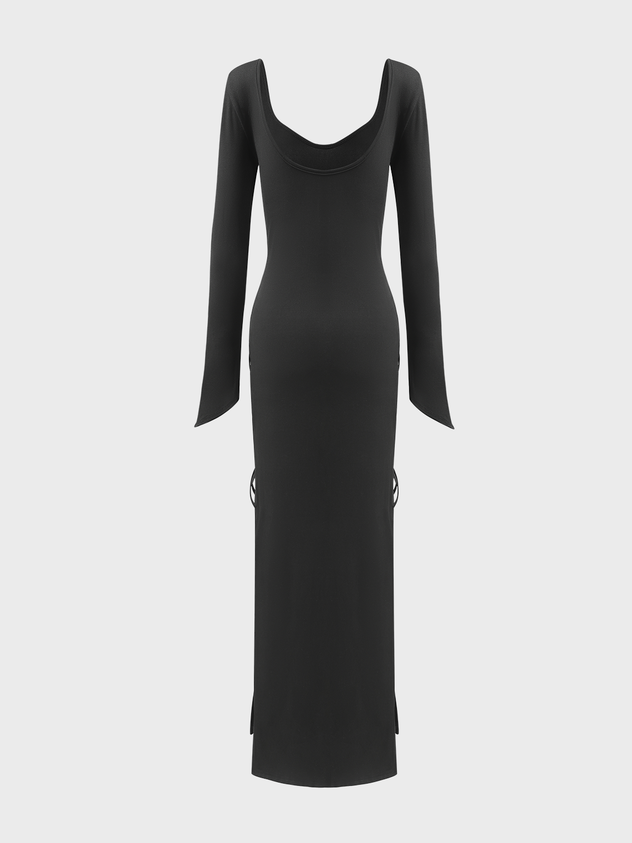 Side Slit Square Neck Plain Long Sleeve Maxi Dress