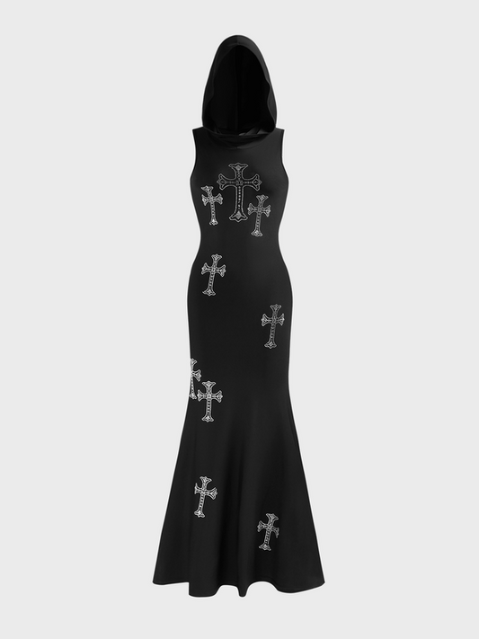 maoxiangshop Cross Rhinestones Hoodie Sleeveless Maxi Dress