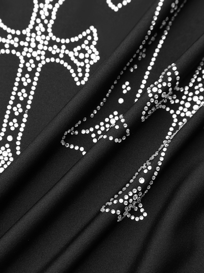 maoxiangshop Cross Rhinestones Hoodie Sleeveless Maxi Dress