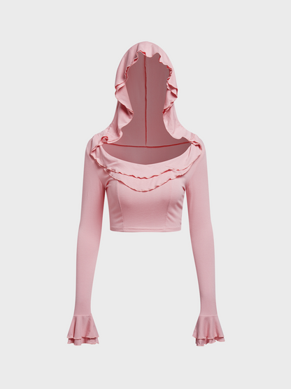 maoxiangshop Ruffles Plain Long Sleeve  Hoodie