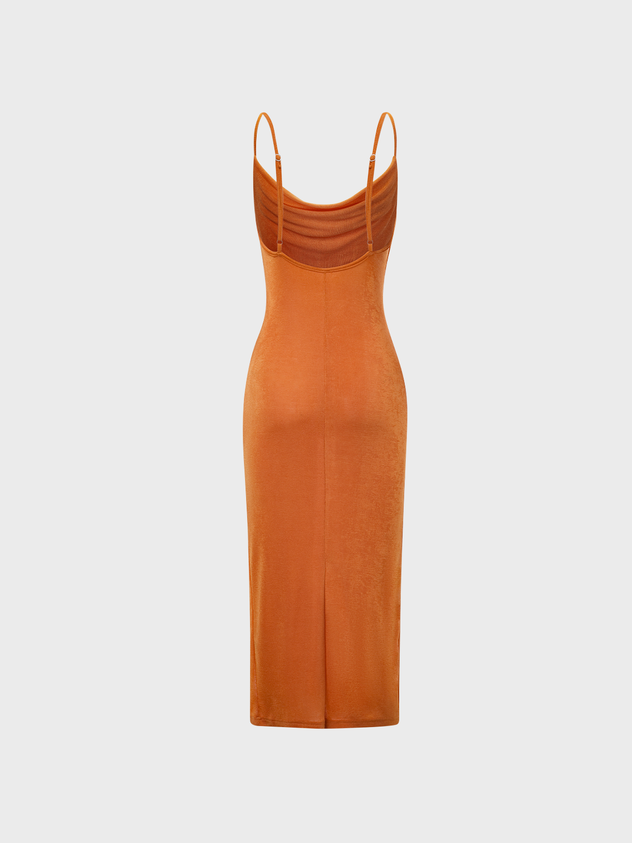 Street Orange Split Spaghetti Strap Vocation Dress Midi Dress