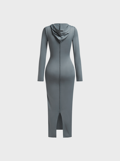 Asymmetrical Hooded Plain Long Sleeve Maxi Dress