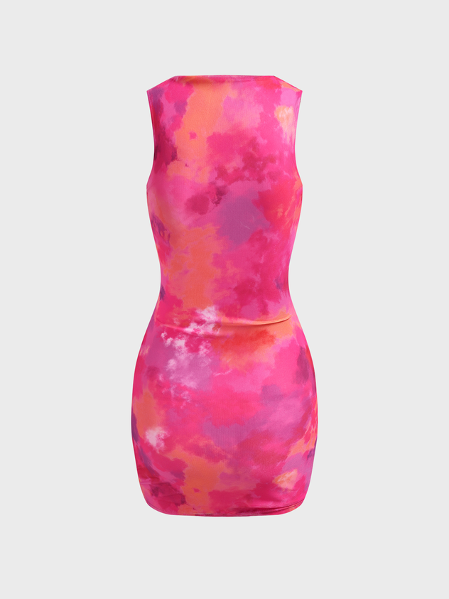 Mesh Crew Neck Tie Dye Sleeveless Short Dress