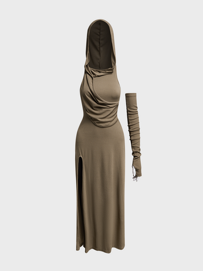 maoxiangshop Arm Sleeves Hoodie Plain Maxi Dress