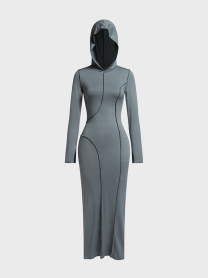 Asymmetrical Hooded Plain Long Sleeve Maxi Dress