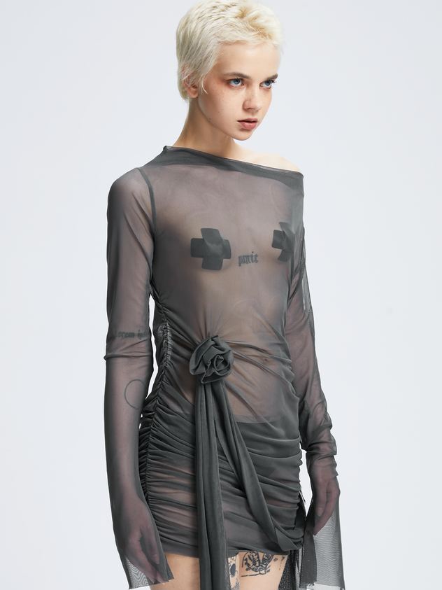 【Final Sale】Y2k Gray Mesh Wrinkle Dress Mini Dress