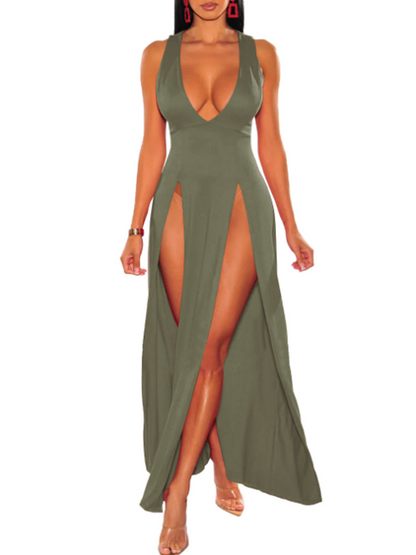 Side Slit V Neck Plain Sleeveless Maxi Dress