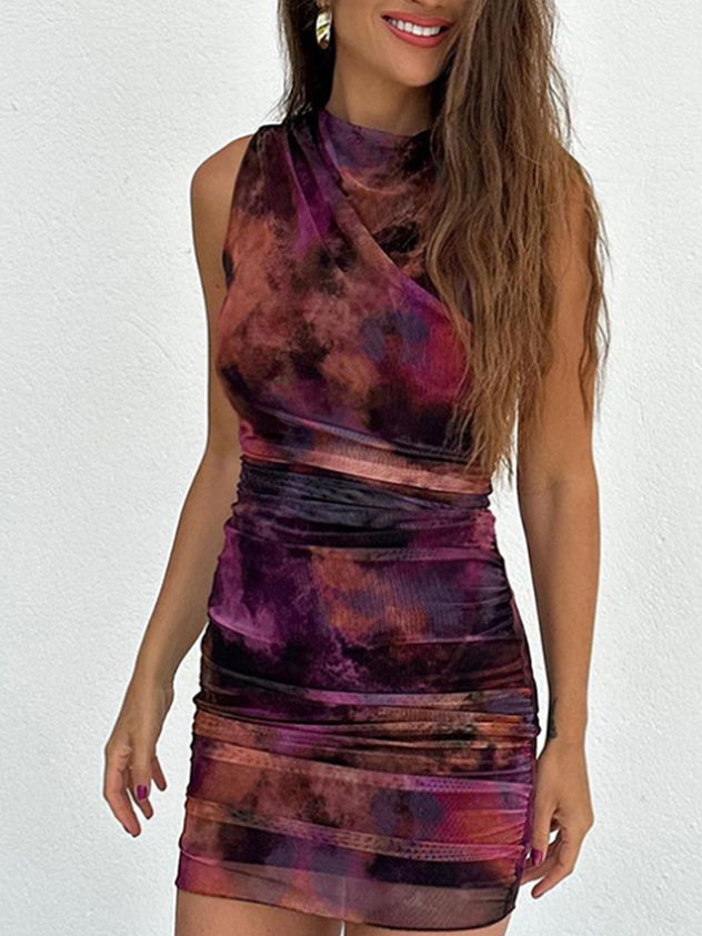 Mesh Crew Neck Tie Dye Sleeveless Short Dress