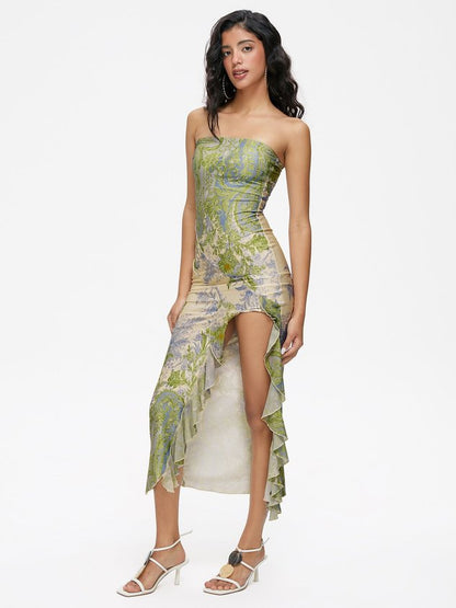 Side Slit Ruffles Mesh Strapless Floral Sleeveless Maxi Dress