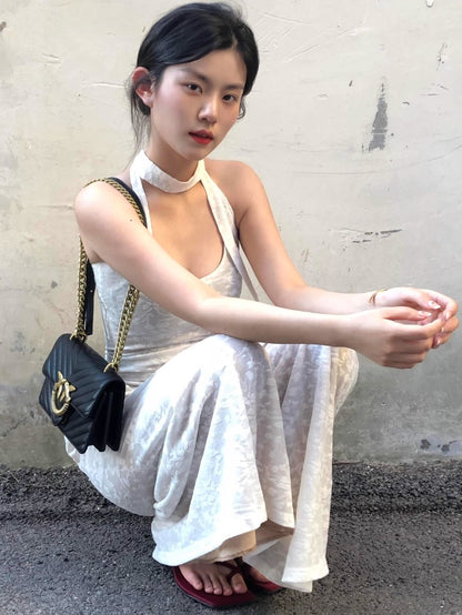 Slightly transparent jacquard dress for women, n Spice Girl sleeveless high-end vacation style hanging neck floral stacking long dress