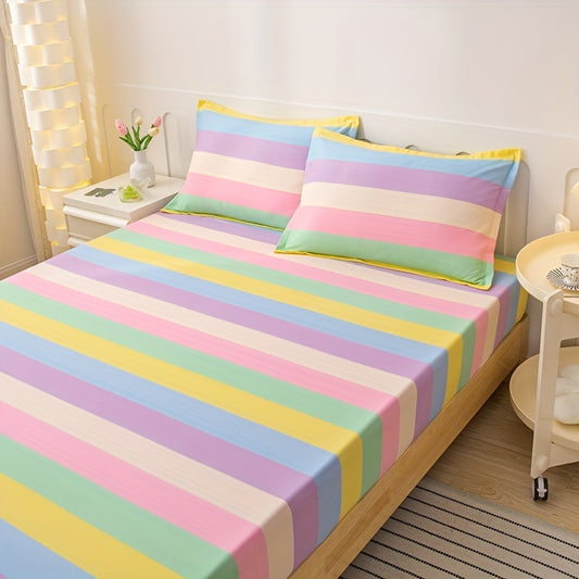 3-Piece Rainbow Color Fitted Sheet Set - Soft, Breathable, and Hypoallergenic Bedding for Bedroom, Guest Room, and Hotel - Includes 1 Fitted Sheet and 2 Pillowcases, No Core