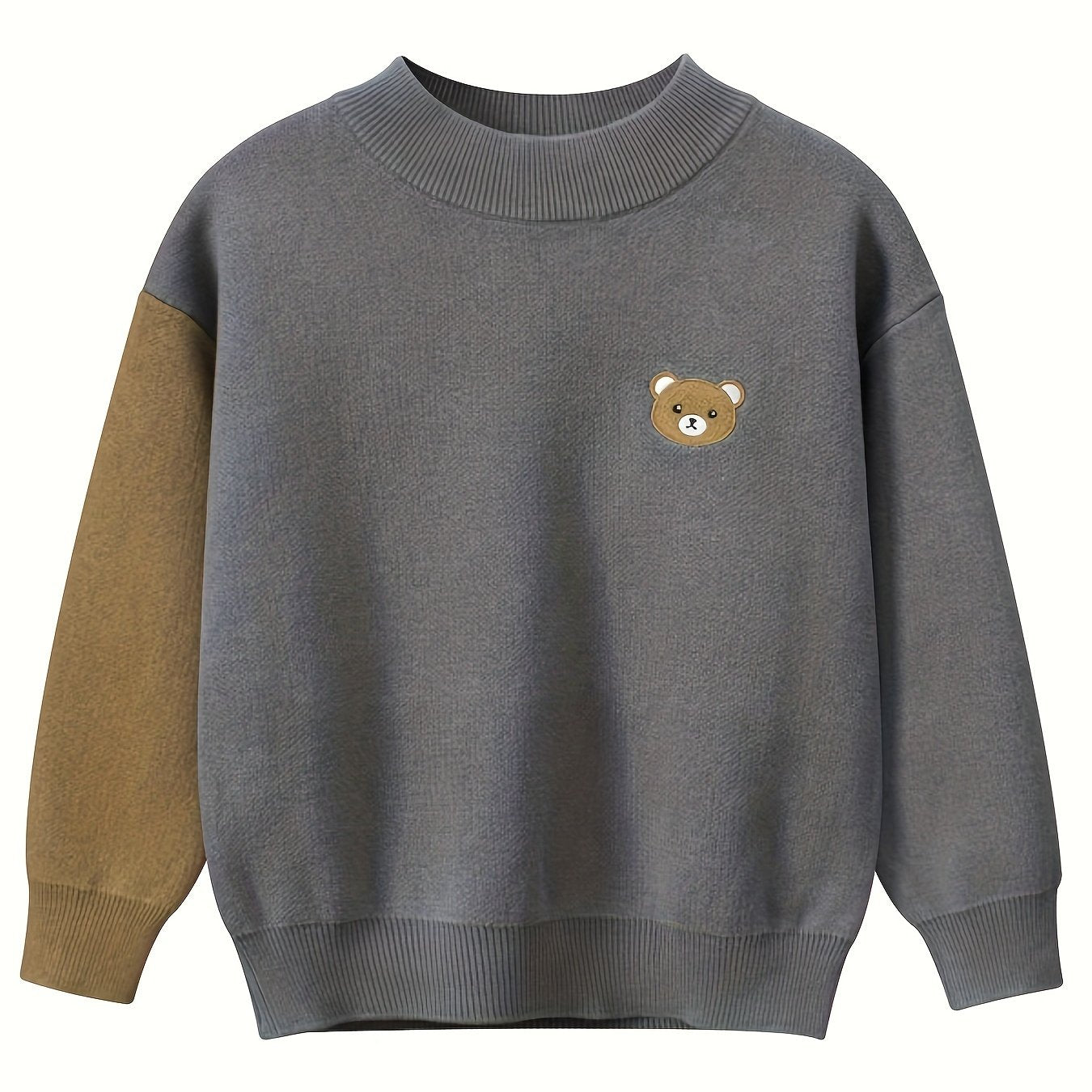 Boys Casual Cotton Knit Sweater With Bear Pattern, Long Sleeve, Crew Neck, Suitable For Boys And Girls Under 12 Years Old