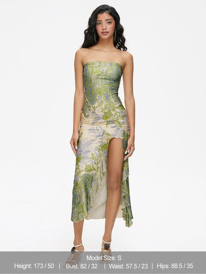 Side Slit Ruffles Mesh Strapless Floral Sleeveless Maxi Dress