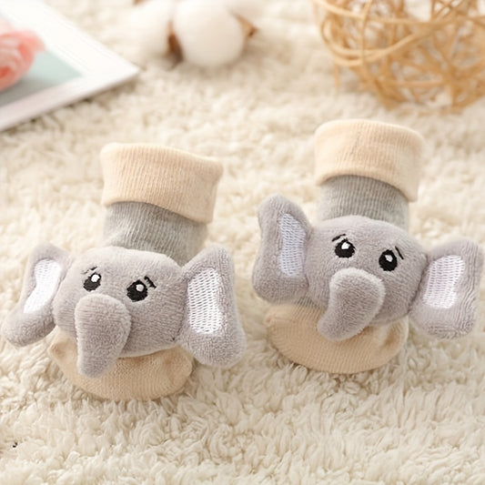 Baby Girl's Non-slip Color Block Bottom Rubber Animal Doll With Bell Cotton Blend Sleep Socks Thickened Warm Home Floor Socks