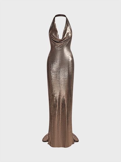 Metallic Halter Plain Sleeveless Maxi Dress