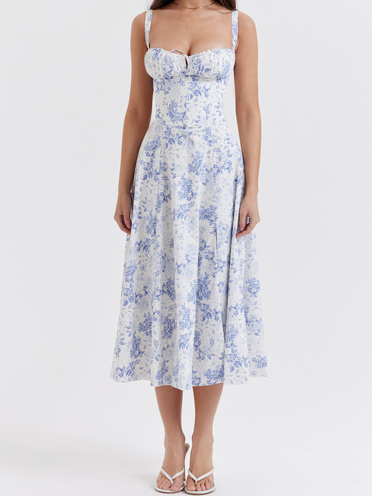 Square Neck Floral Gallus Maxi Dress