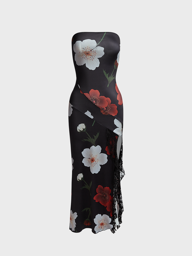 Side Slit Ruffles Strapless Floral Sleeveless Maxi Dress