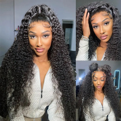 180density Curly Human Hair Wigs Black Color 360 Glueless Full Lace Front Wig 36 Inch 13x4 HD Lace Frontal Wigs for Women Water Wave Transparent Synthetic Preplucked