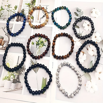 10pcs 8mm Semi Precious Stone Bracelet Round Beaded Bracelet, Crystal Heal Stretch Beaded Bracelets For Men, Bracelet Unisex, For Men And Women, Holiday Gifts, Simple Gifts For Men