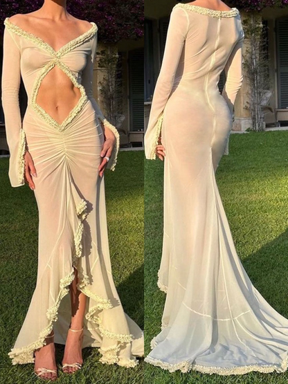 Cut Out Mesh V Neck Plain Long Sleeve Maxi Dress