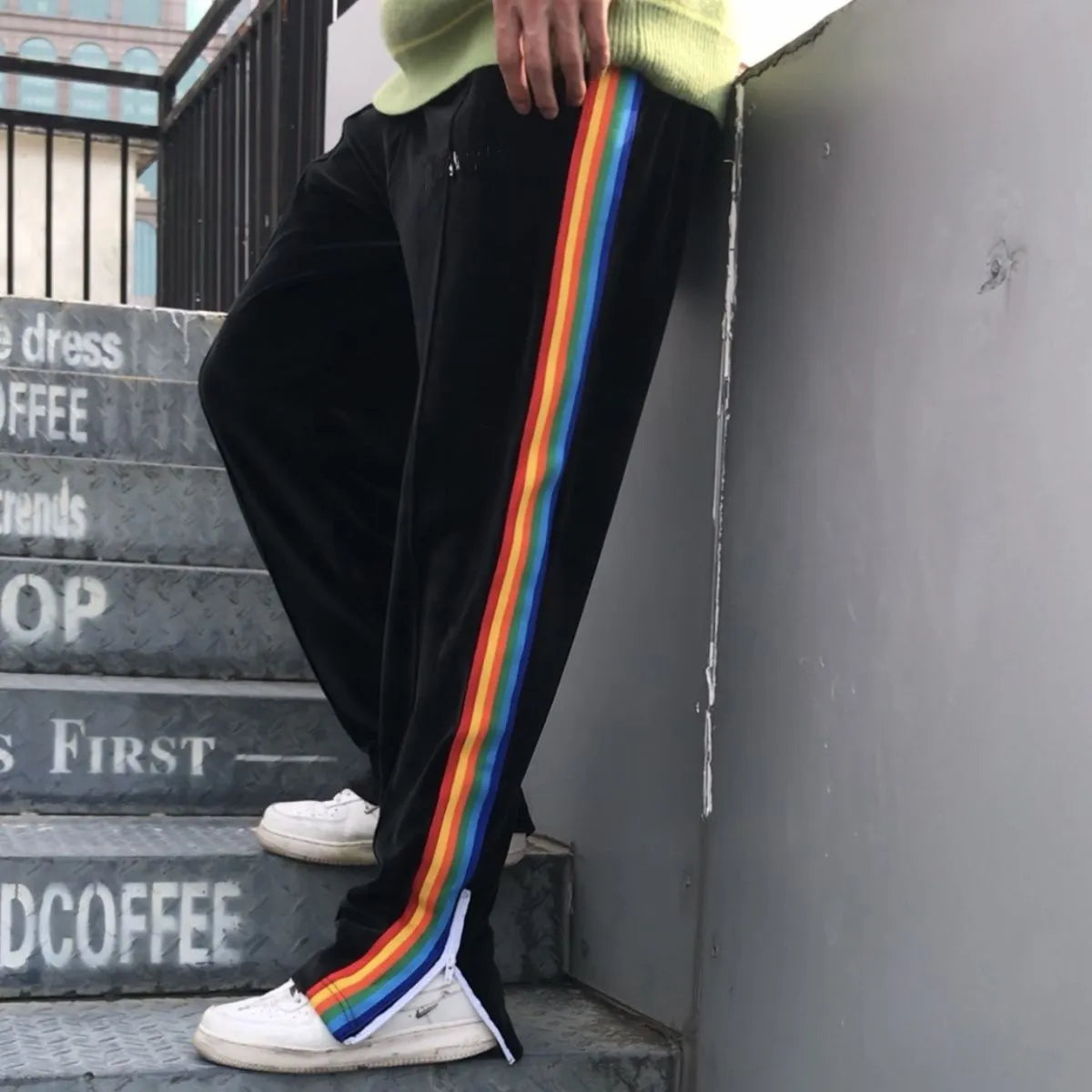 Sweatpants casual pants zippered pants Plamm rainbow striped velvet loose classic pants street contrast pants sport