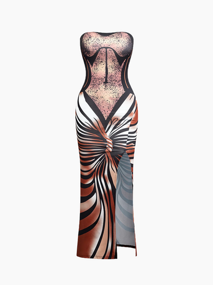 Body Print Strapless Striped Sleeveless Maxi Dress