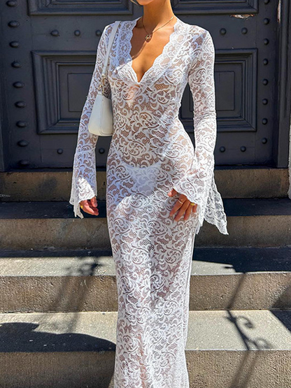 Lace V Neck Plain Long Sleeve Maxi Dress