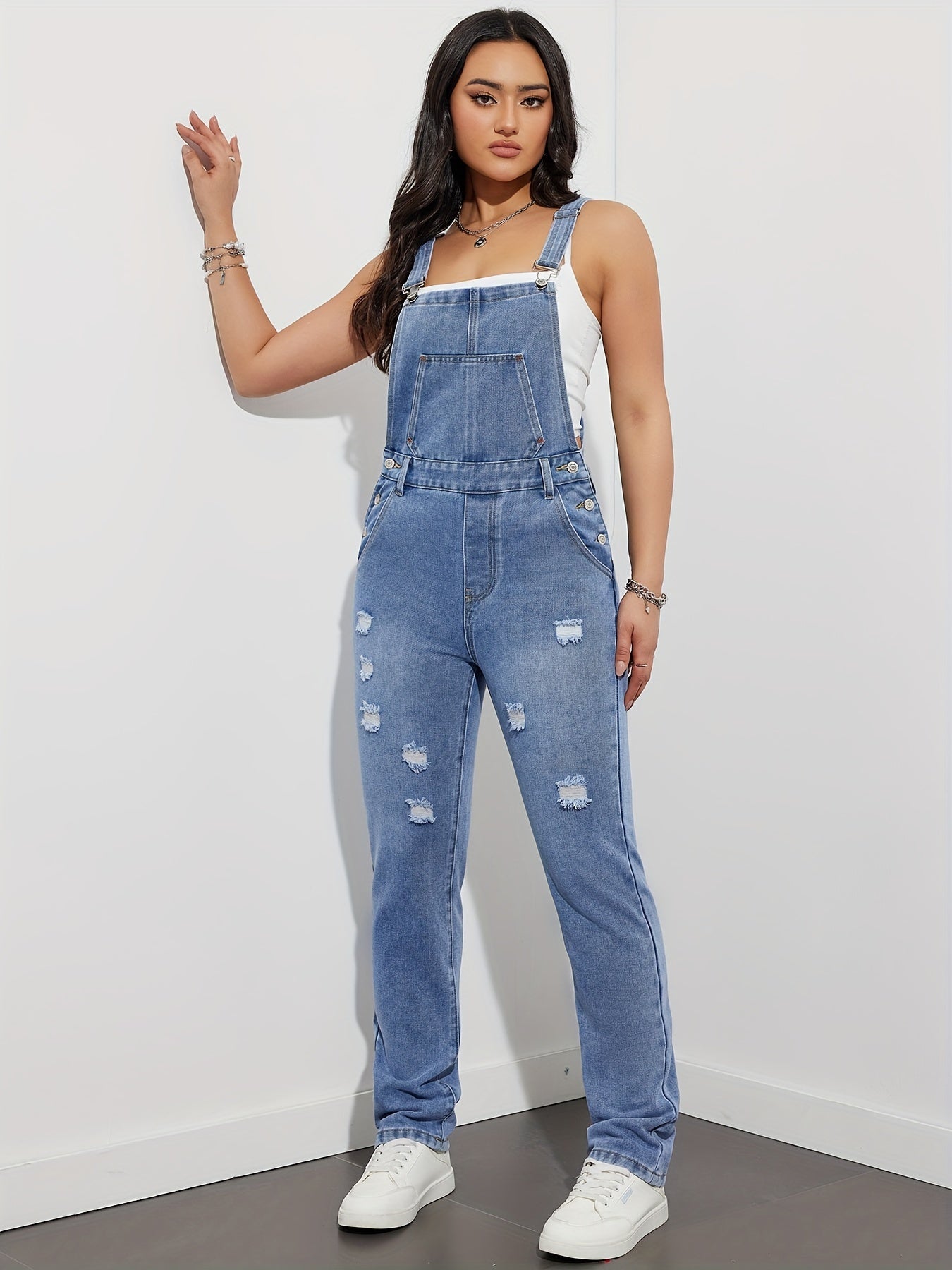 Women's Distressed Ripped Denim Overalls, Casual Loose Fit Jumpsuit With Pockets, Vintage Jean Dungarees For Daily Wear