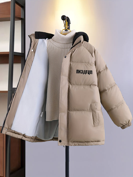 Boys Winter Trendy Letter Print Hooded Coat, Padded Light Warm Jacket Cute Hooded Outerwear