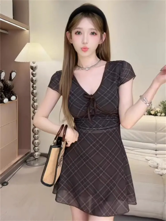 maoxiangshop E-girl Harajuku Grunge A-line Derss Y2K Aesthetics Fairy Vintage Plaid Mini Dress Elegant Lady Square Collar Women Streetwear