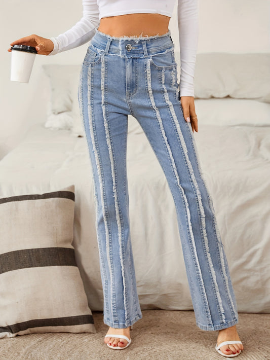 High-Waist Tassel Flare Jeans in Solid Stretchy Denim – Boho Chic, Easy-Care, with Pockets for All Seasons