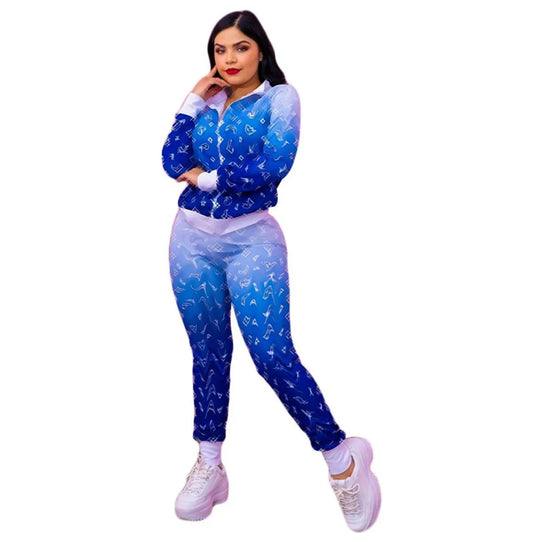 Designer Print Two Piece Set Sweatsuits Women Casual Zip Jacket and Pants Sets Free Ship