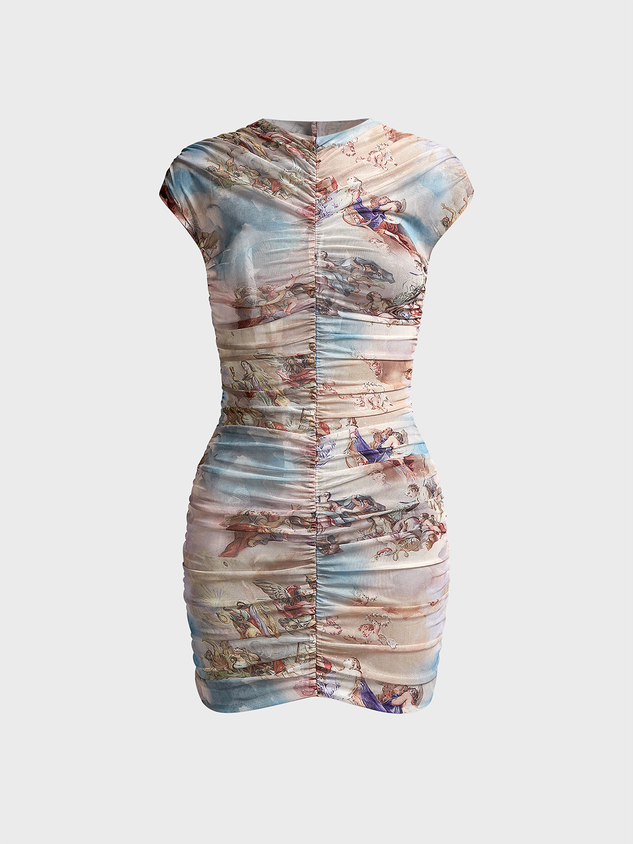 Wrinkled Mesh V Neck Pop Art Print Short Sleeve Short Dress