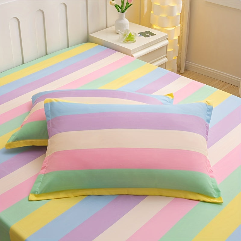 3-Piece Rainbow Color Fitted Sheet Set - Soft, Breathable, and Hypoallergenic Bedding for Bedroom, Guest Room, and Hotel - Includes 1 Fitted Sheet and 2 Pillowcases, No Core