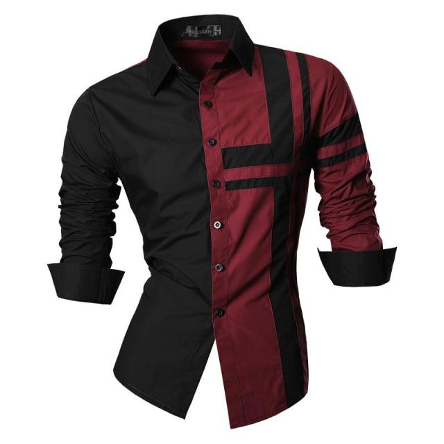 Jeansian Men's Dress Shirts Casual Stylish Long Sleeve Designer Button Down Slim Fit 8397 WineRed