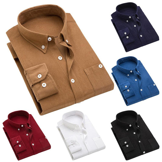 winter men's corduroy slim men's long-sleeved thick shirt men's dress men's casual solid color men's shirt fleece