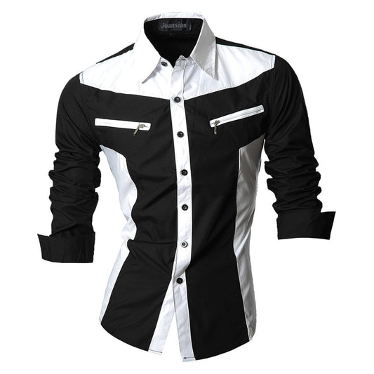 Spring Autumn Features Shirts Men Casual Shirt Long Sleeve Slim Fit Male Shirts Zipper Decoration (No Pockets)
