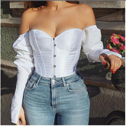 Women Sexy Off Shoulder Shirt  Blouse Lady Girls Fashion Back Bandage Slim Bustier Female Leotard Corset Ladies' Solid Tops Wear