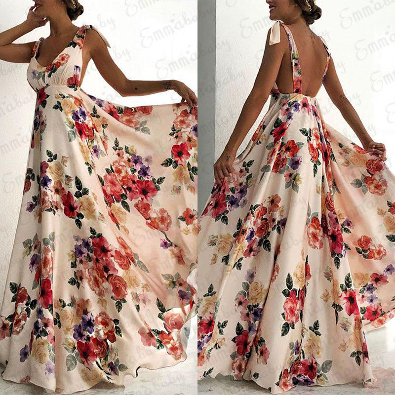 Fashion Summer Women Boho Long Maxi Dress Backless Sleeveless V Neck Flower Dress Evening Party Beach Dresses Sundress