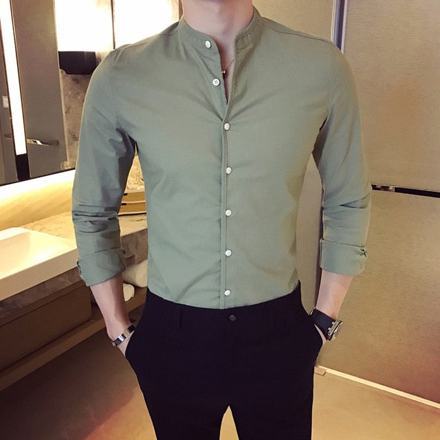 High Quality Men Black Casual Shirt Long Sleeve White Dress Shirts Slim Fit Male Stand Collar Spring Solid Color Blouse