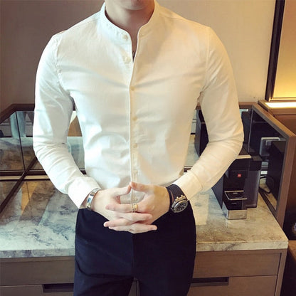 High Quality Men Black Casual Shirt Long Sleeve White Dress Shirts Slim Fit Male Stand Collar Spring Solid Color Blouse