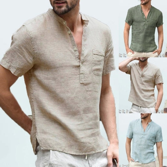 maoxiangshop  New Mens Spring Summer Casual Shirt Short Sleeve Cotton Linen Shirts Men Loose Collar Button Shirt silk Chemise Homme