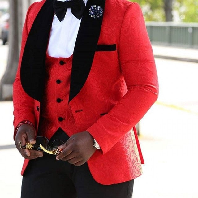 New Style Groomsmen Shawl Lapel Groom Tuxedos Red/White/Black Men Suits Wedding Best Man Blazer (Jacket+Pants+Tie+Vest) C46