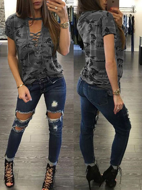 Summer Women Short Sleeve Camouflage Loose Casual Ladies T Shirt Tops Summer Bandage Hollow Out T-Shirt Tops Gray Army Green