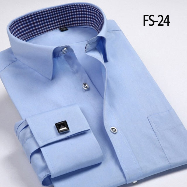 Aoliwen brand men French cuff shirt long sleeve Flannel large size 6XL High quality solid color men dress shirt smart casual