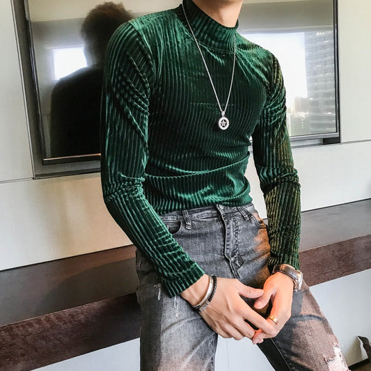 maoxiangshop Velvet Turtleneck T-Shirt Fall Winter Slim Striped Casual T-Shirt Men Long Sleeve Tight T-Shirt Club Costume Camiseta Homme