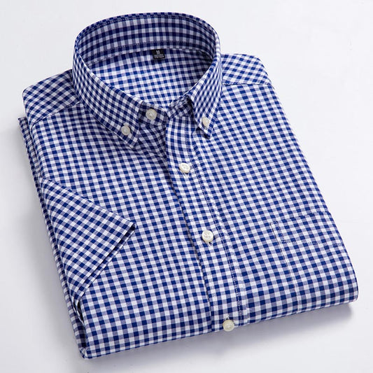 maoxiangshop High Quality Men's Oxford Casual Shirts Leisure Design Plaid Men's Social Shirts 100% Cotton Short Sleeve Men's Dress Shirts