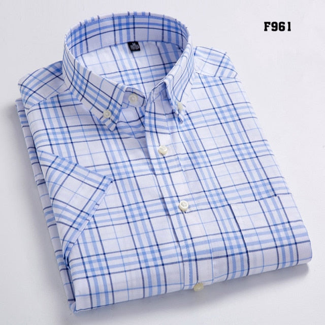 maoxiangshop High Quality Men's Oxford Casual Shirts Leisure Design Plaid Men's Social Shirts 100% Cotton Short Sleeve Men's Dress Shirts